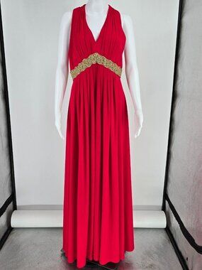 Vintage 1970s Julie Miller California Red Metallic Empire Waist Maxi Dress (M)